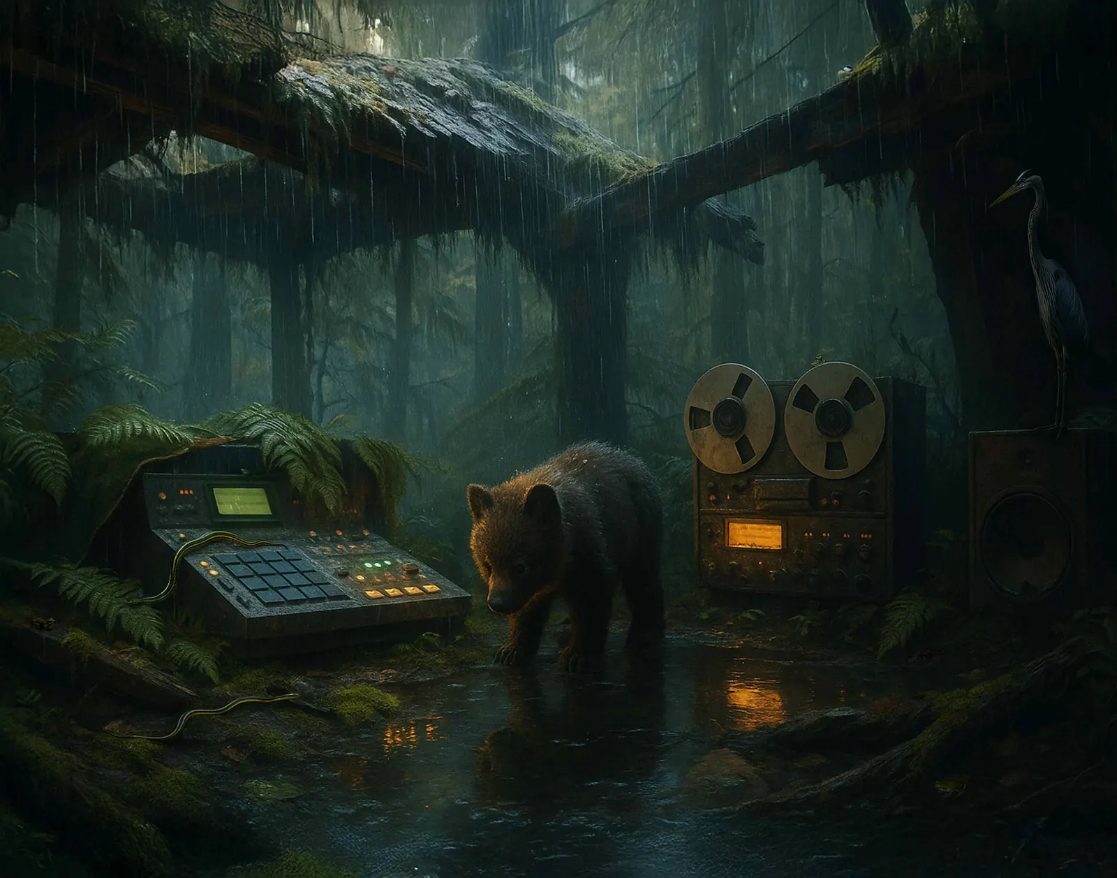 A bear cub walking through a shallow stream in heavy rain between a sampler and a glowing reel-to-reel tape machine, with a great blue heron perched on a speaker cabinet under dripping old-growth timber