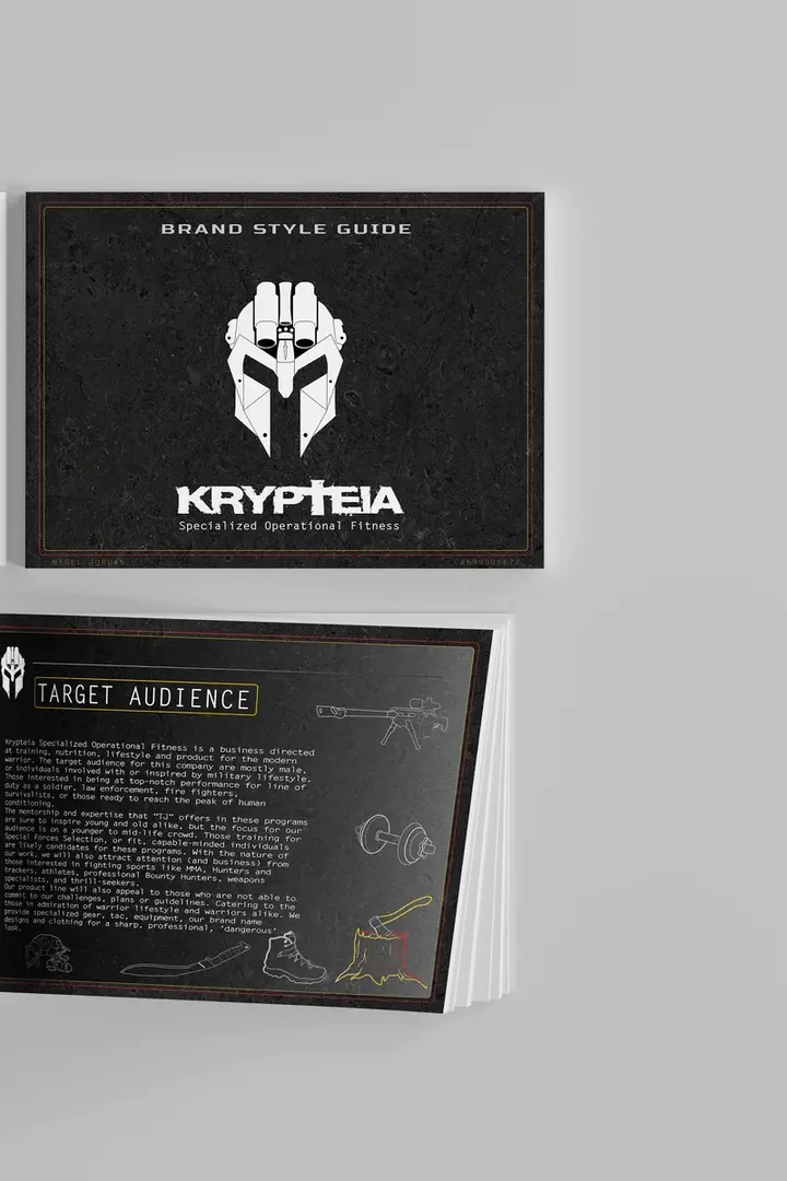 The Krypteia brand style guide, cover and target audience pages