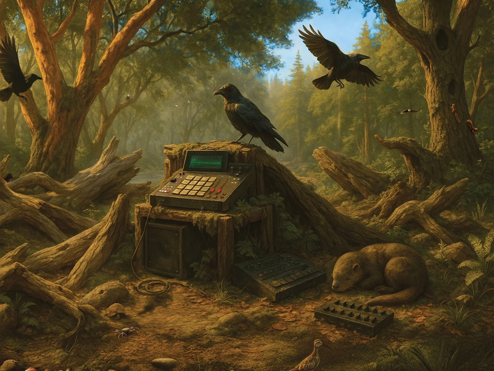 A raven perched on a sampler set on an old mossy stump in a sunlit forest clearing, two more ravens in flight, an otter curled asleep among the driftwood, and a sandpiper and a crab in the foreground