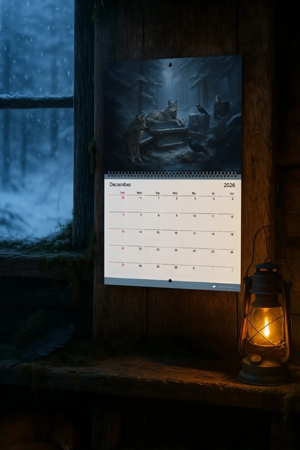 The printed Creature Calendar standing open, showing a winter forest scene above the month grid
