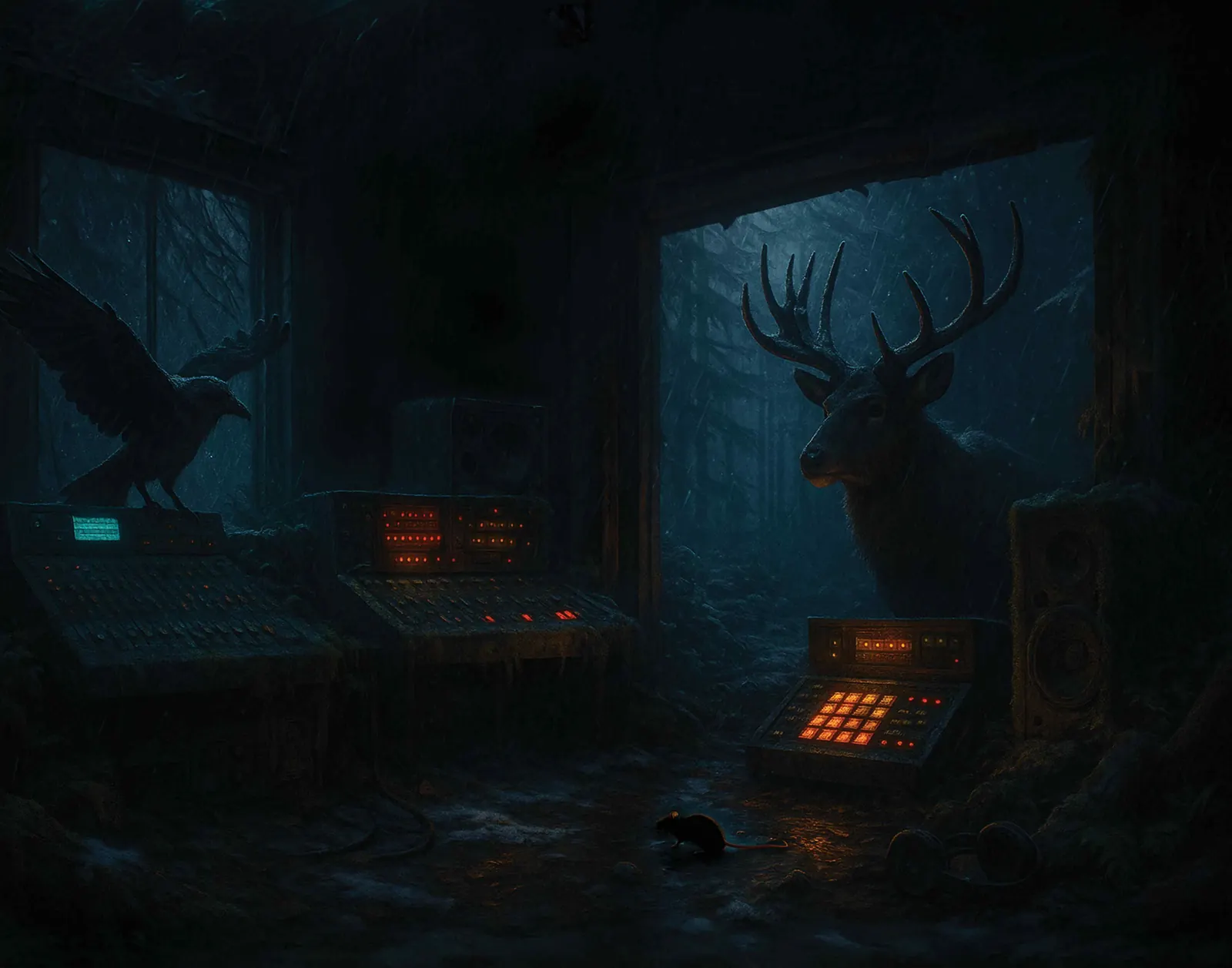 A buck with tall antlers standing in the doorway of the ruined forest studio at night in the rain, a raven with wings spread on the mixing desk and a mouse on the wet floor, lit only by the red and amber glow of the consoles