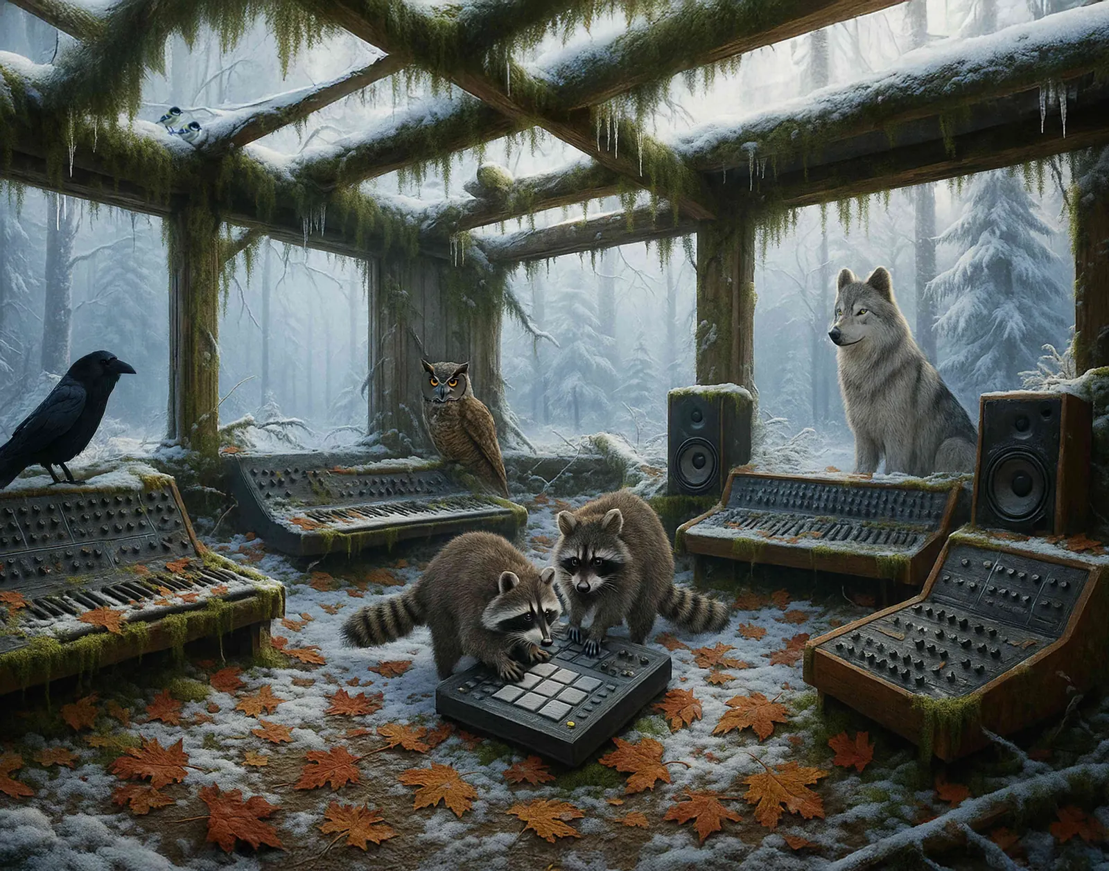 Two raccoons working a drum pad in the snow inside a roofless, moss-covered forest studio, with a great horned owl perched on a mixing console, a raven at left and a grey wolf sitting beside studio monitors