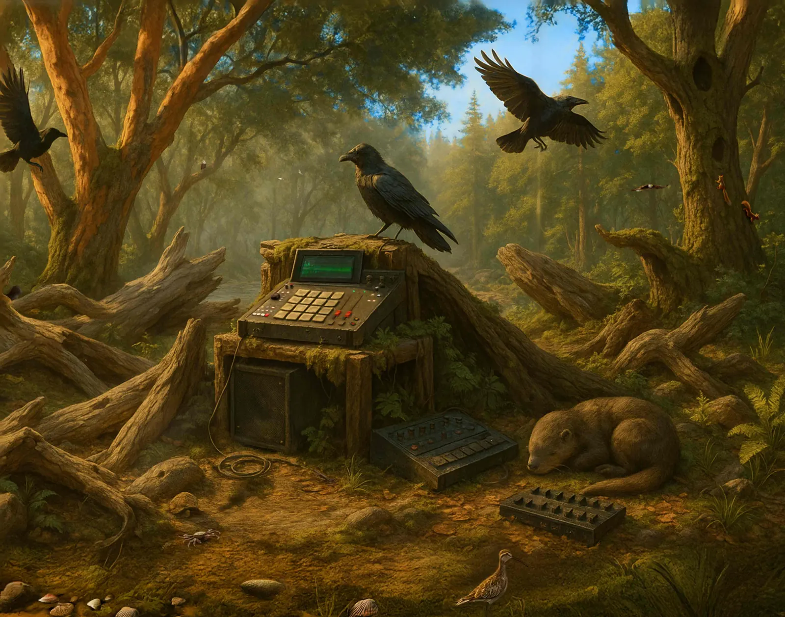 A raven perched on a mossy stump above a sampler with a green waveform screen in a sunlit summer forest, a second raven flying overhead, a bear asleep among the roots and shells scattered in the foreground