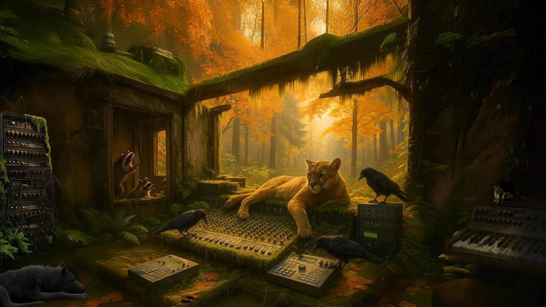 A cougar stretched out on a mossy mixing desk in an orange autumn forest, ravens at the faders and on a rack unit, two raccoons watching from a window frame and a wolf asleep in the corner