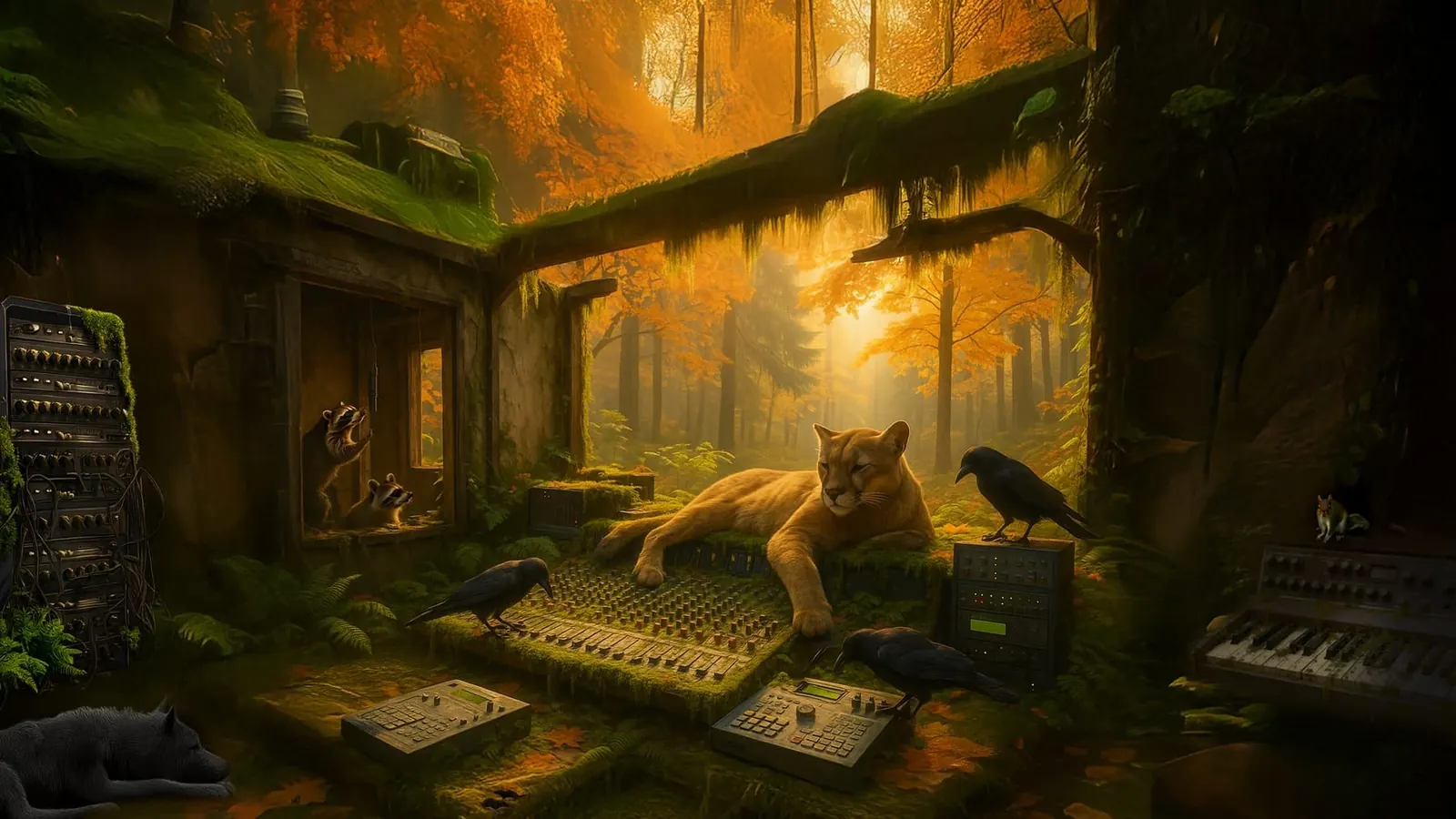 A cougar stretched out on a mossy mixing desk in an orange autumn forest, ravens at the faders and on a rack unit, two raccoons watching from a window frame and a wolf asleep in the corner