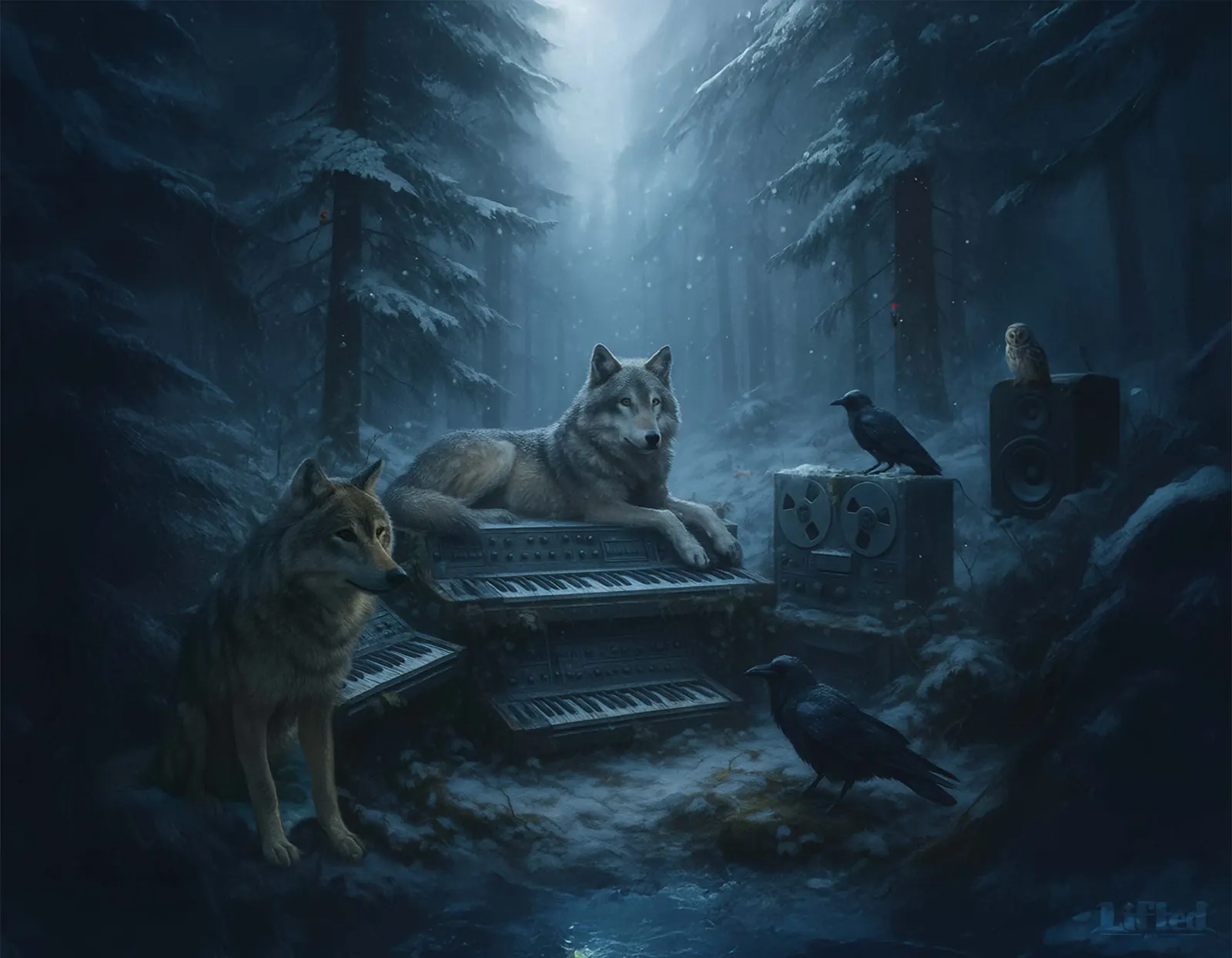 Two wolves beside a stack of snow-covered vintage synthesisers in a moonlit winter forest, with ravens on a reel-to-reel machine and an owl perched on a speaker cabinet