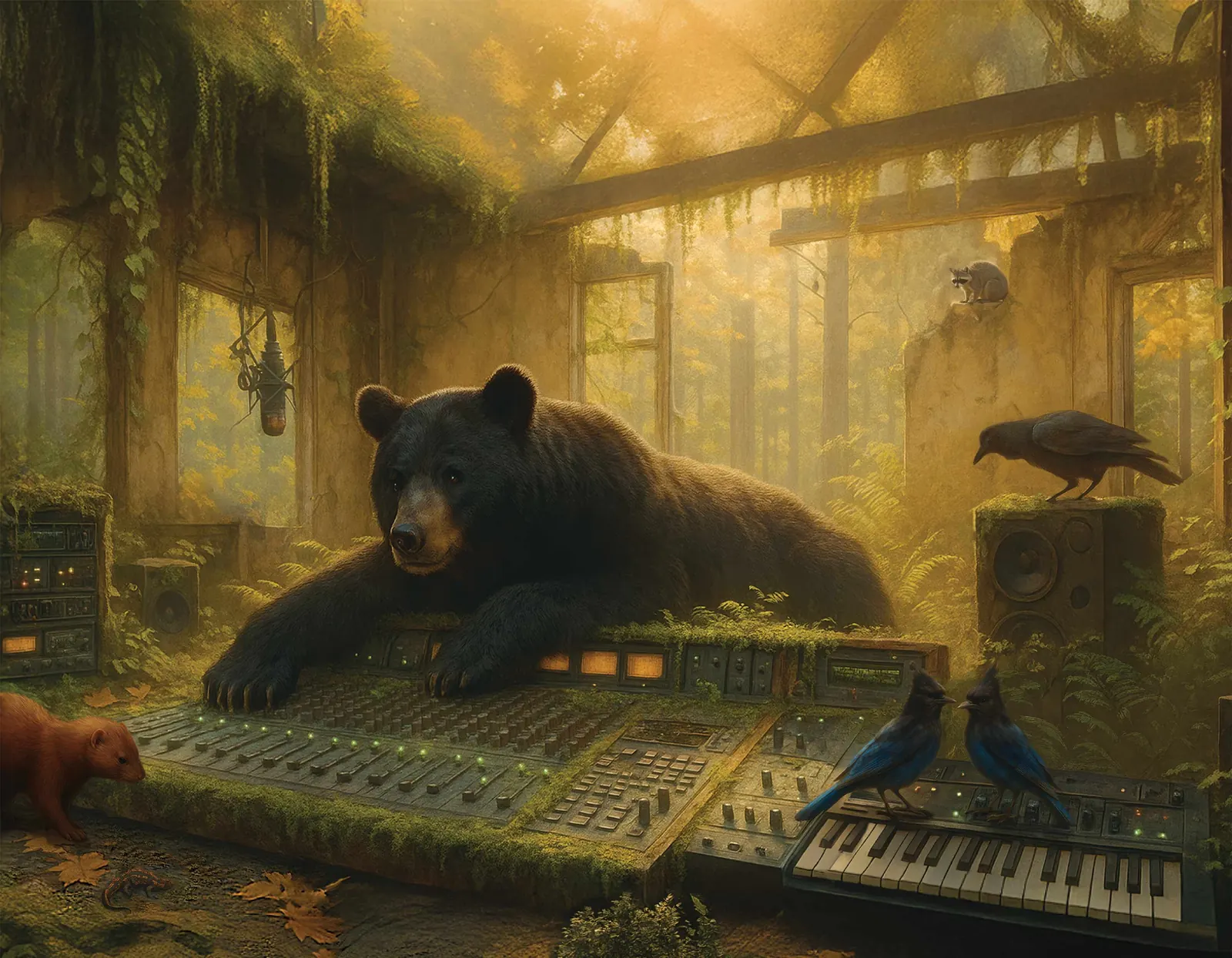 A black bear lying across a large mixing console in golden autumn light with its paws on the faders, two Steller's jays on a synthesiser keyboard, a raven on a speaker cabinet and a ribbon microphone hanging at left