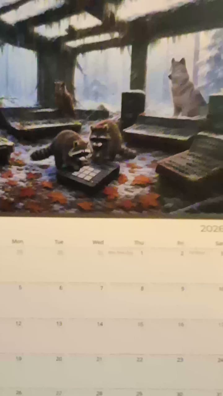 The printed Creature Calendar being turned page by page, each month showing a different scene from the forest studio