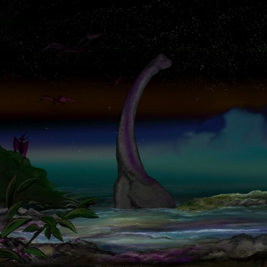 Timelapse of the sauropod painting being built up from an empty night scene