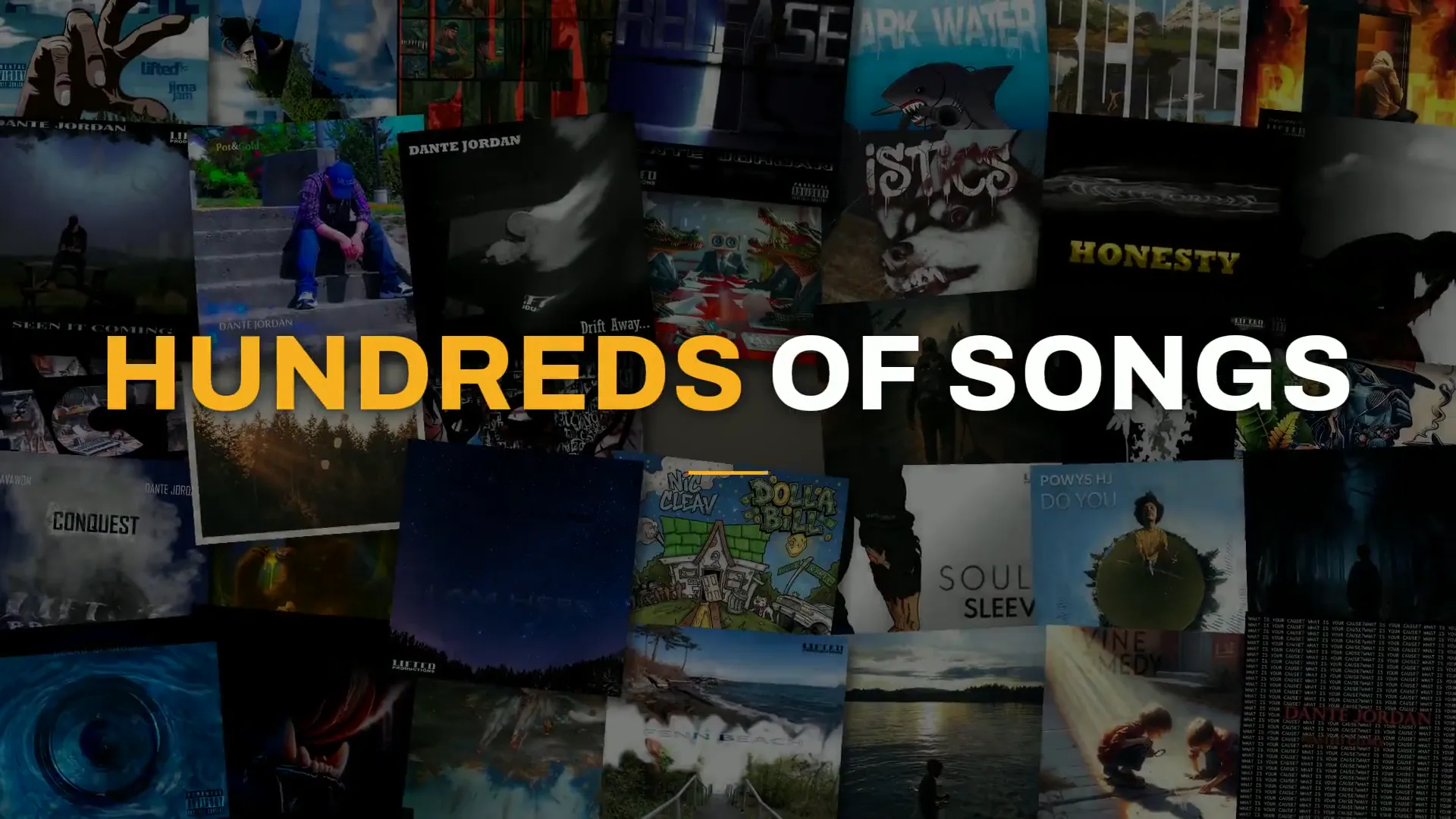 A wall of album and single covers from the LiftedPro catalogue under the words Hundreds of Songs