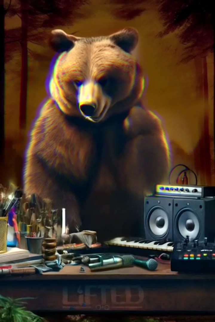 A grizzly bear at a studio desk of speakers, keys and lab glassware, from the Reaction music video