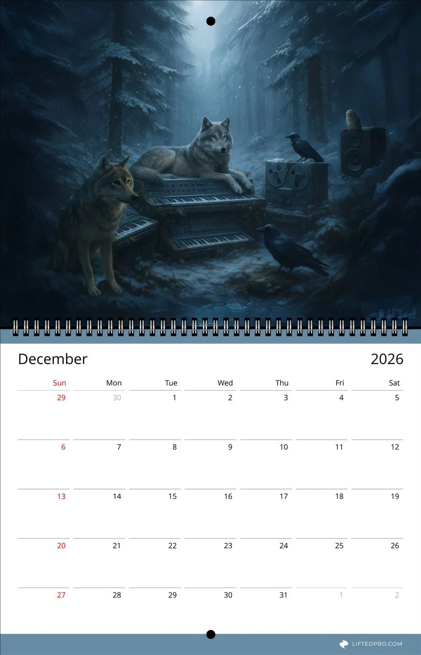 The December page laid flat: two wolves by snow-covered synthesisers above the 2026 date grid