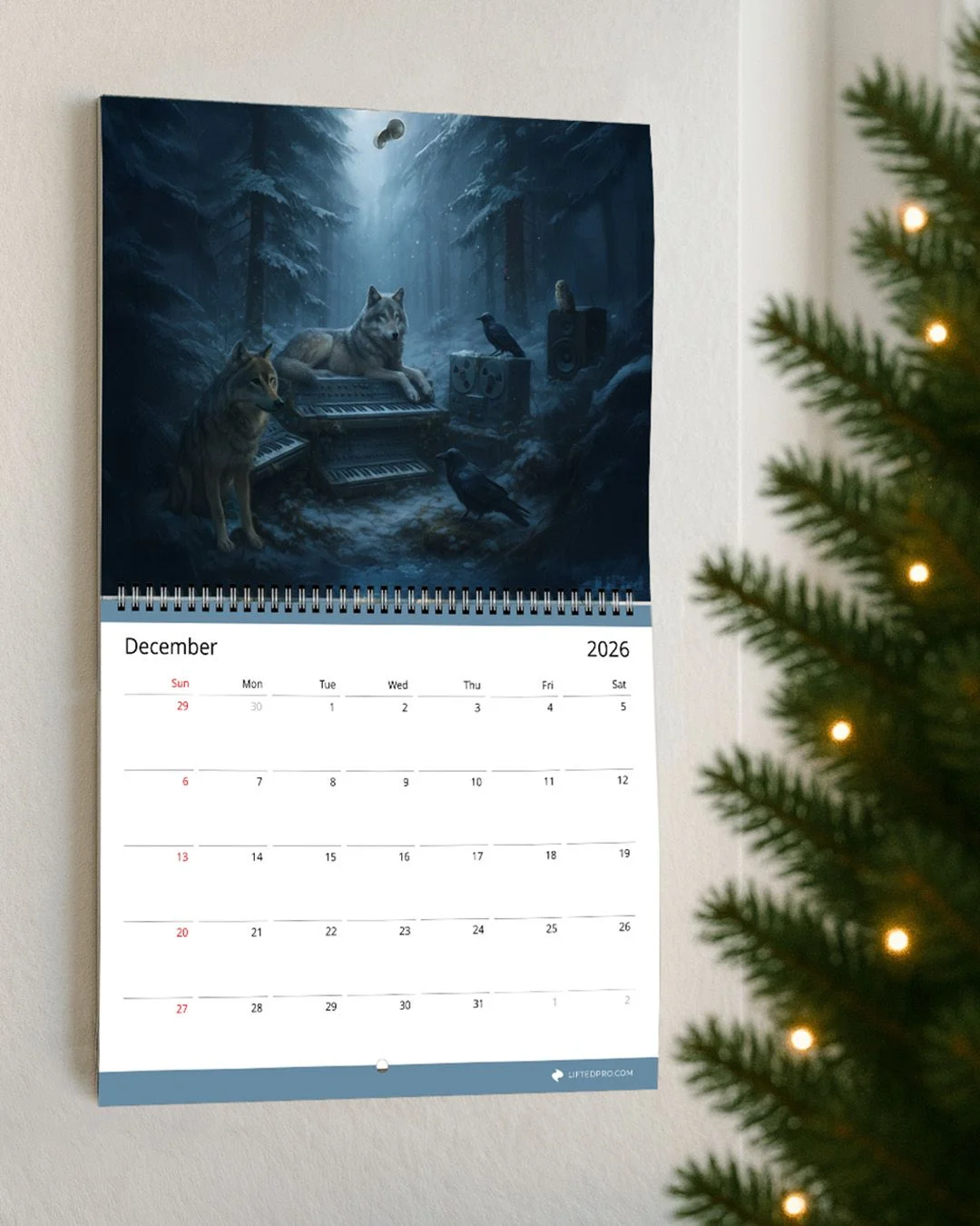 The December page hanging on a white wall beside a lit holiday tree