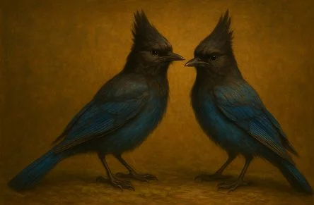 Two Steller's jays facing each other, generated on their own against a plain amber ground