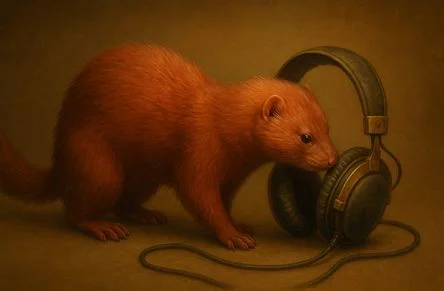 A mink nosing a pair of headphones, generated on its own against a plain amber ground