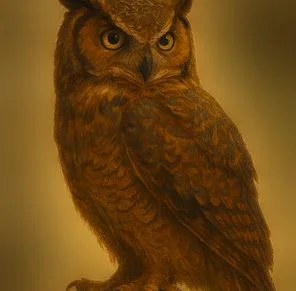 A great horned owl, generated on its own against a plain amber ground