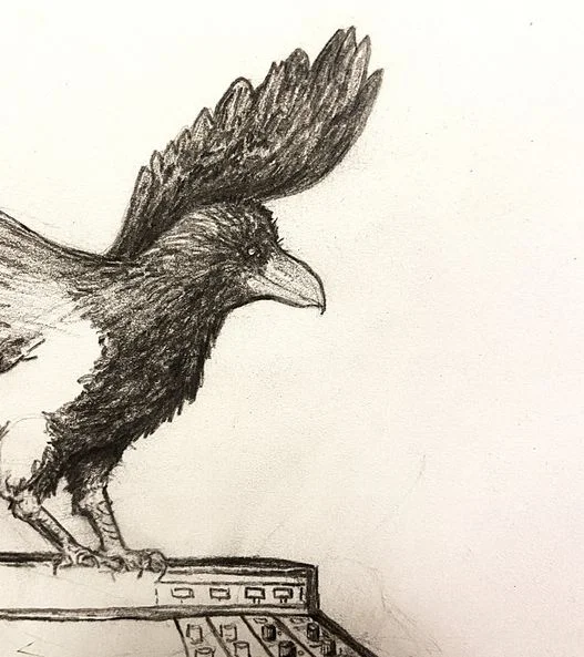 Pencil sketch of a raven with raised wings perched on the edge of a mixing desk