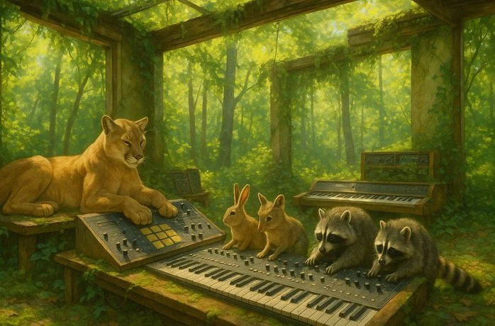 Style test one: a cougar, two rabbits and two raccoons at a keyboard and drum machine under a mossy pergola