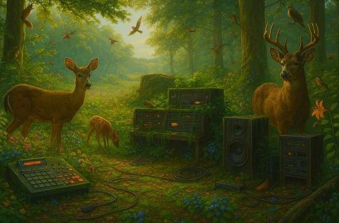 Style test two: a doe and an antlered buck among speakers and samplers in a misty green forest