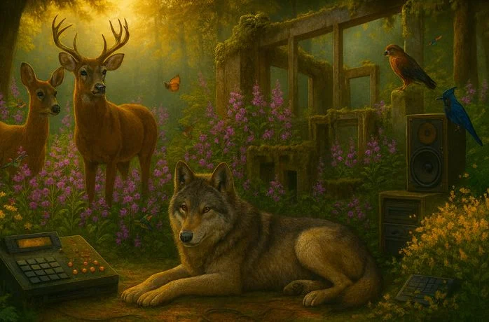 Style test three: two deer, a robin, a jay and a wolf lying among speakers and purple foxglove