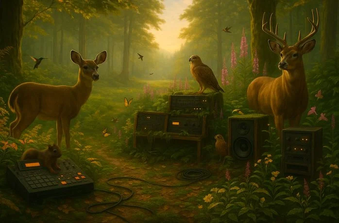 Style test four: a doe, a buck and a hawk around speakers and a drum machine in warm forest light