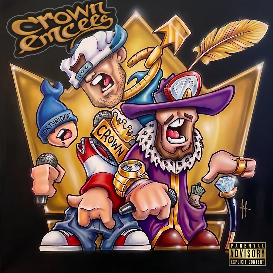 The Family Matterz album cover with the hand-drawn Crown Emcees wordmark applied: two cartoon emcees shouting into microphones in front of a gold crown