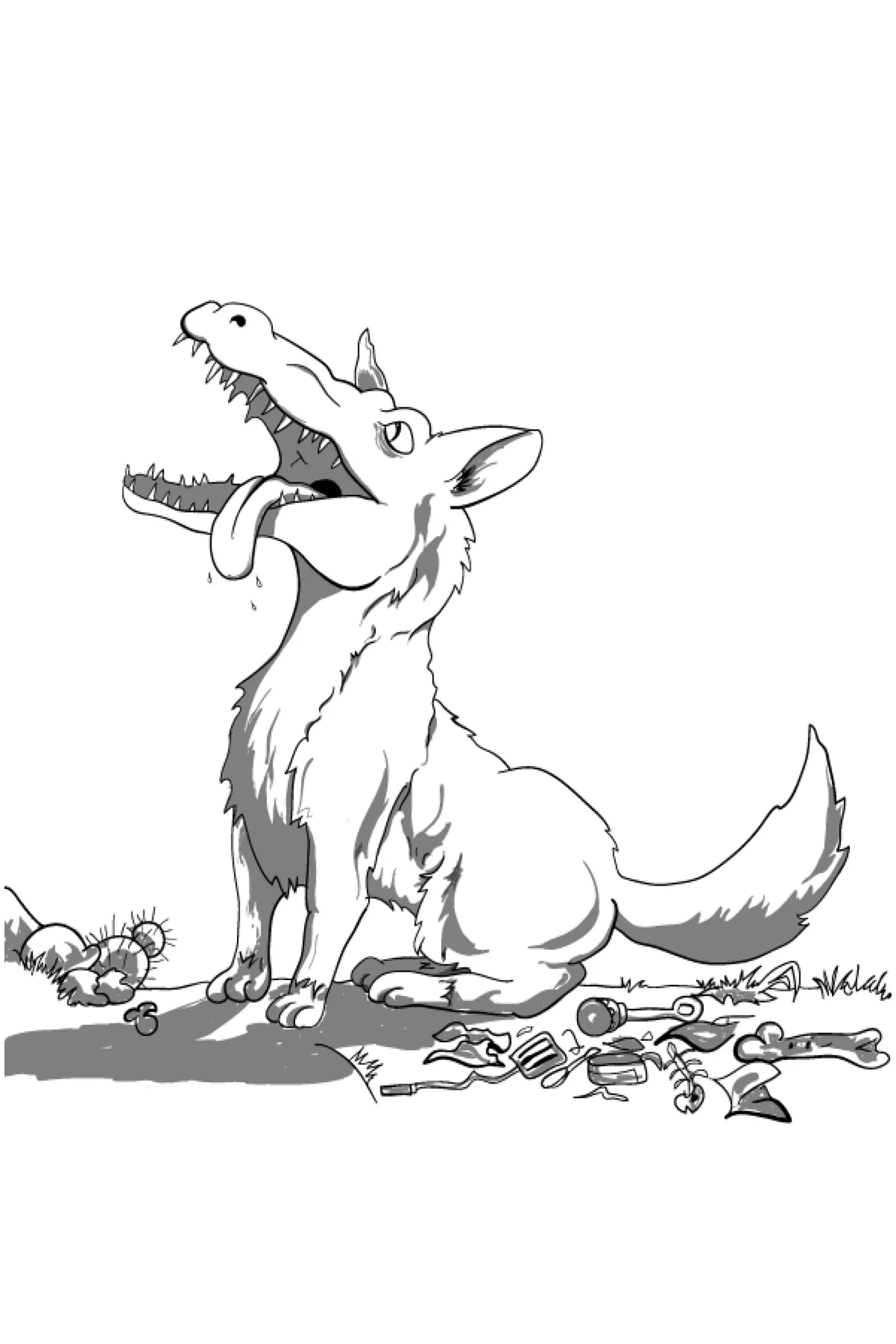 Cartoon crocodile and dingo hybrid laughing with its head thrown back