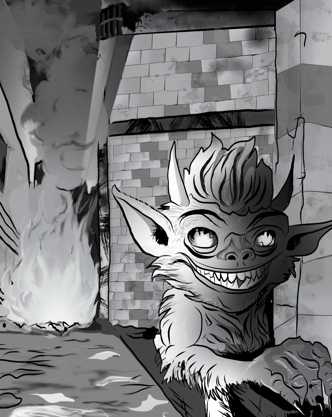 Wide-eyed grinning creature crouched beside a brick wall lit by flames