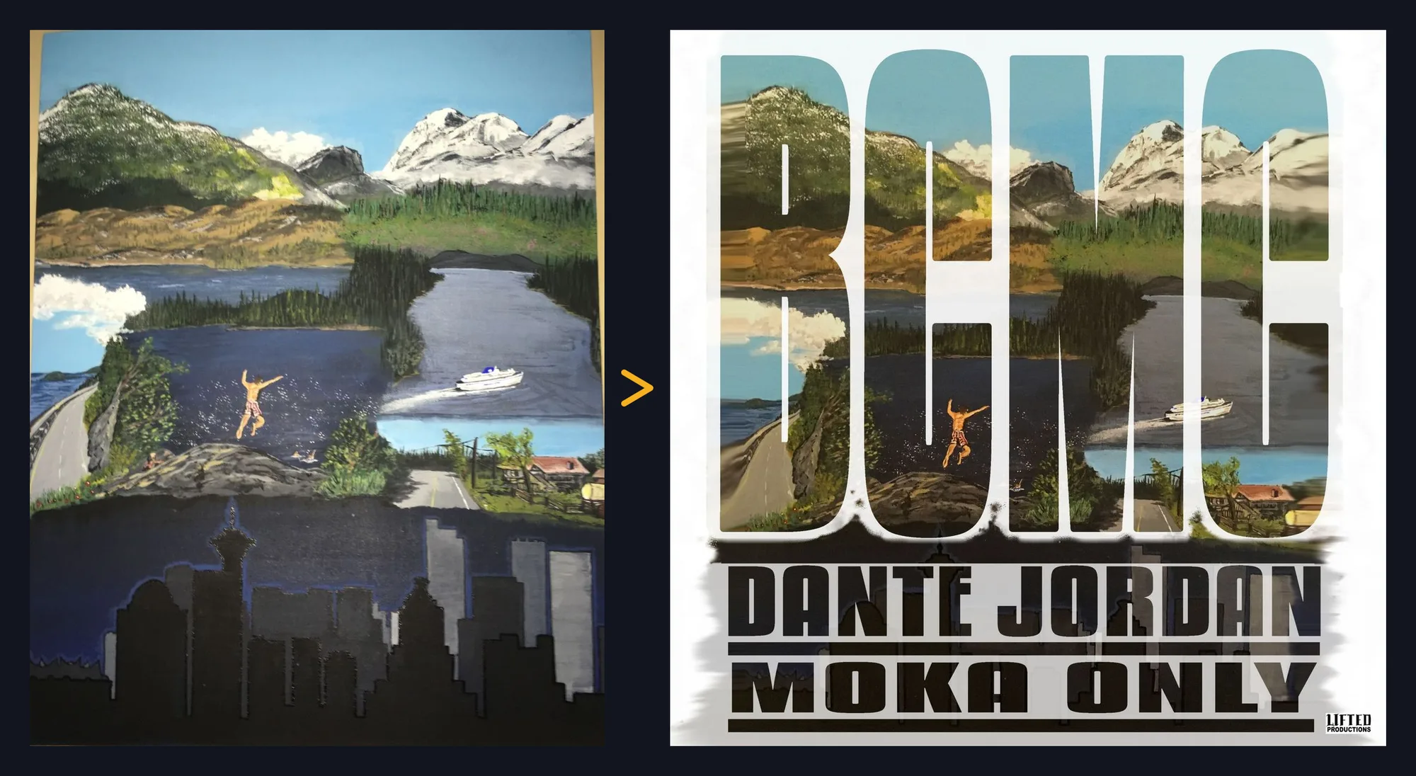 An acrylic painting of British Columbia landscapes beside the BCMC single cover built from it, with the painting showing through the lettering