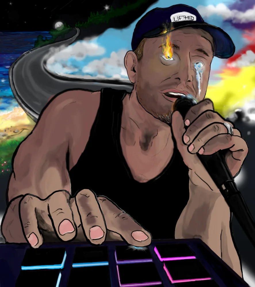 Illustrated self-portrait of the artist singing into a microphone over an MPC drum pad
