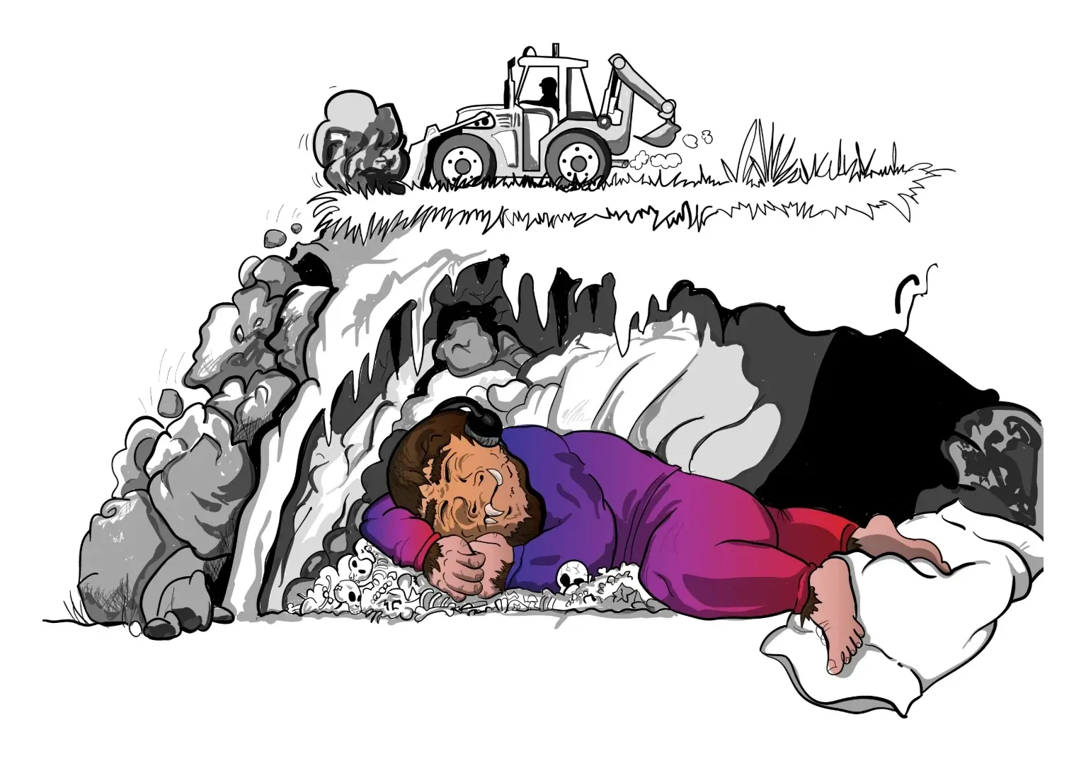 Ink drawing of a hairy giant asleep in a cave while a backhoe digs on the hill above, with the giant picked out in colour