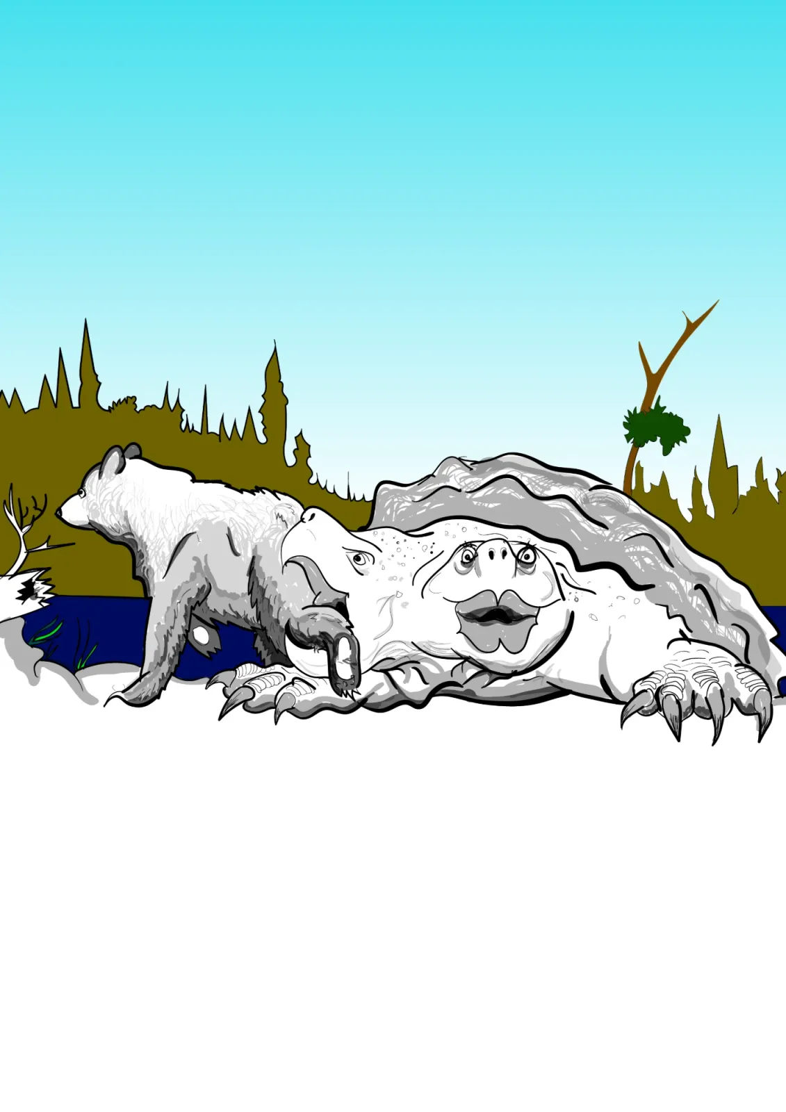 Ink drawing of a giant snapping turtle crawling past a bear, set against a coloured sky and treeline