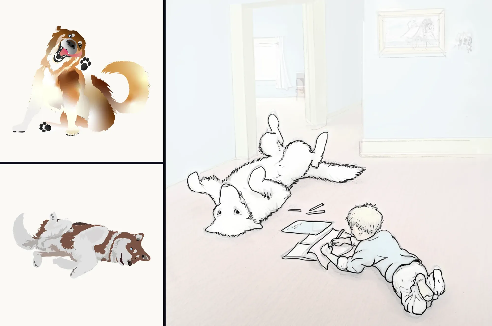 Two vector character studies of a husky beside a finished line illustration of the husky rolling on the floor while a young boy draws
