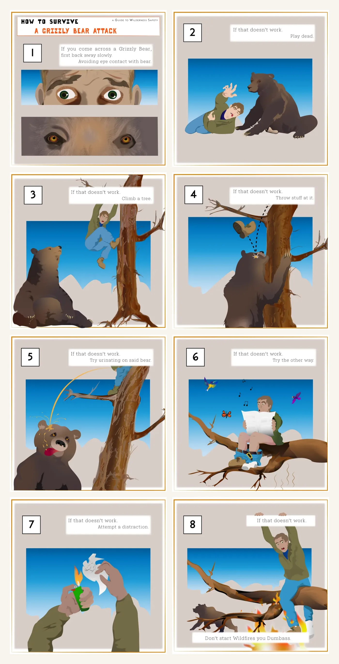 An eight-panel vector comic titled How to Survive a Grizzly Bear Attack