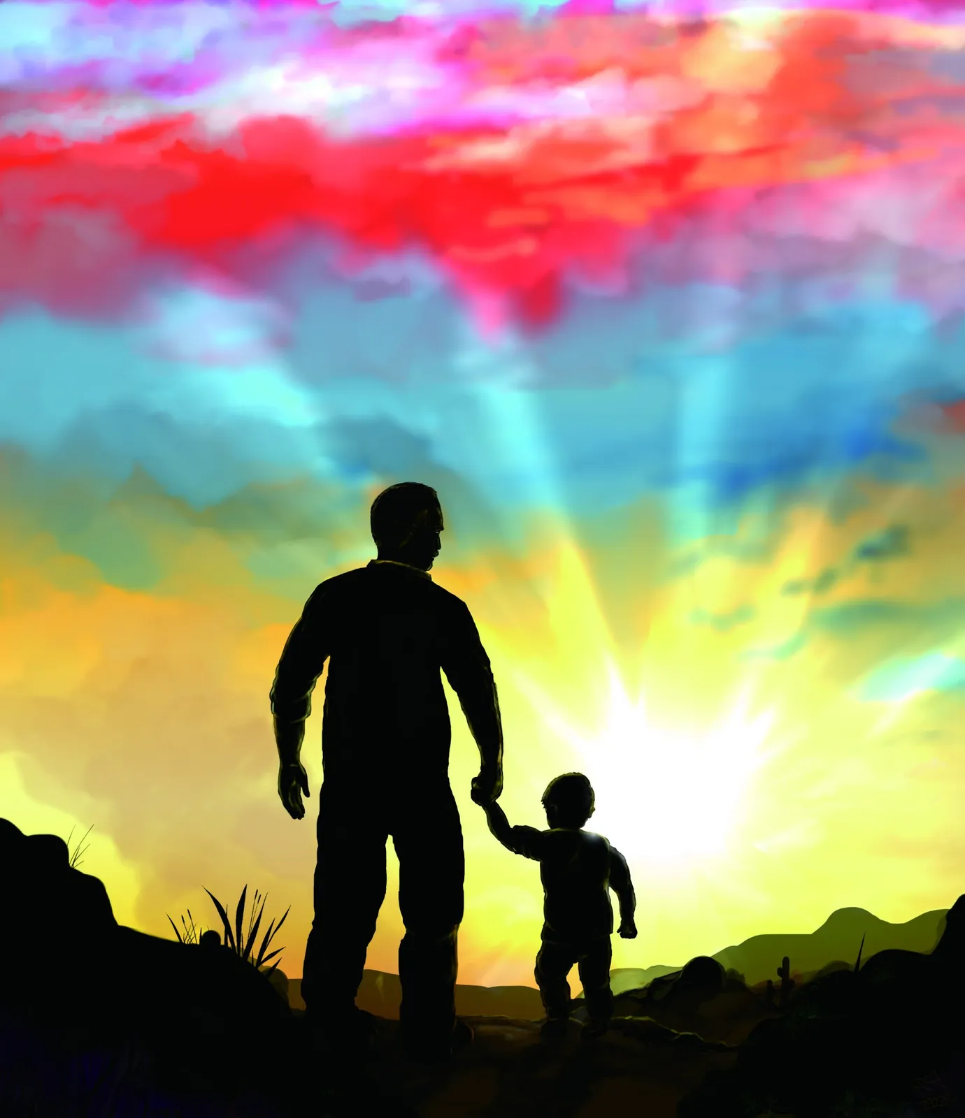Silhouette of a father holding his young son's hand, walking toward a blazing sunrise under a red, blue and gold sky