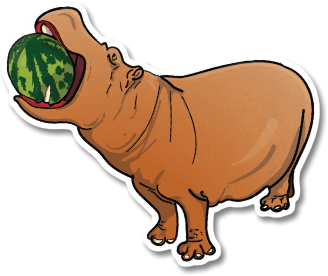 Sticker of a cartoon hippo with a whole watermelon in its mouth