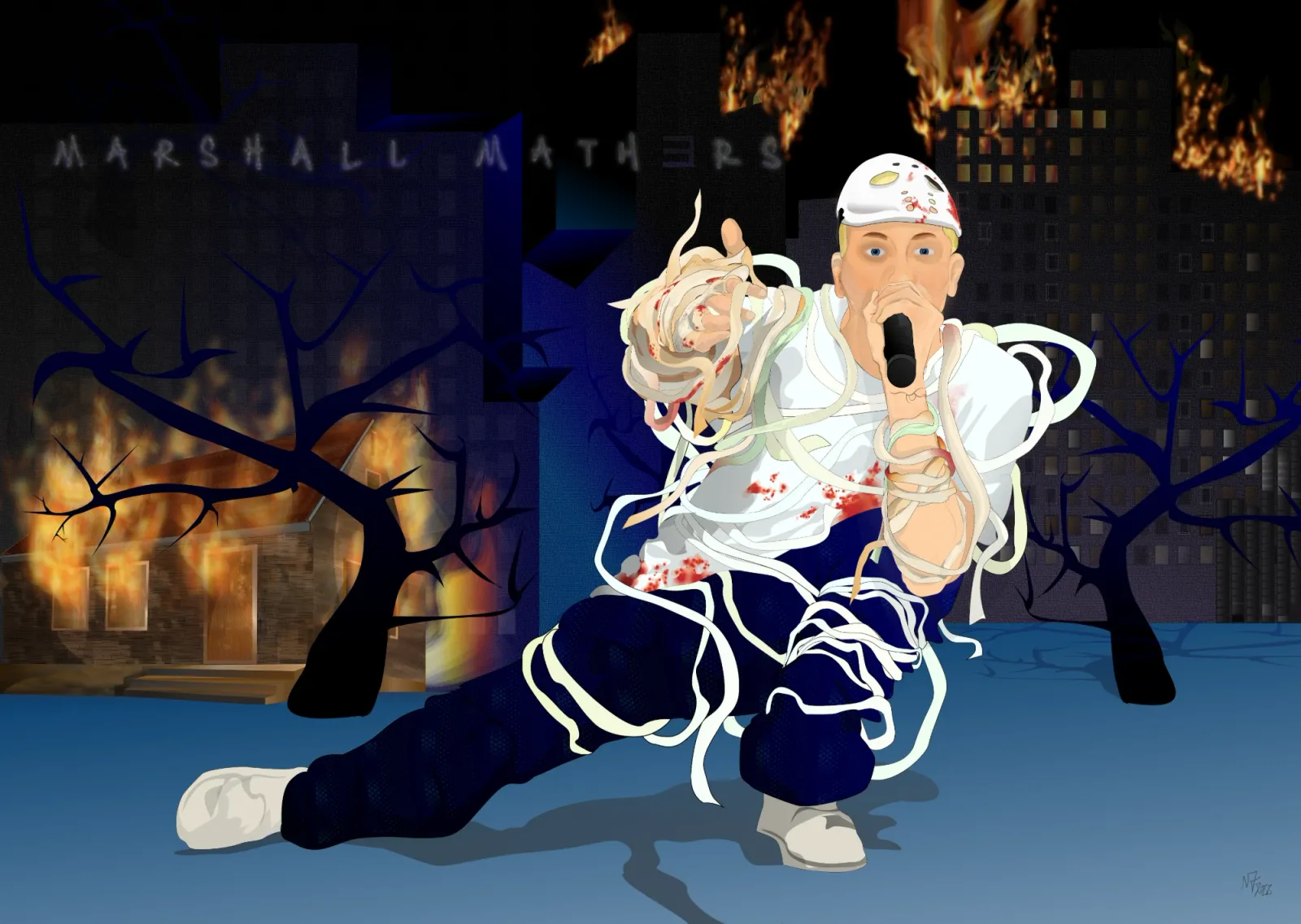 Vector illustration of a rapper crouched with a microphone, wrapped in tape, in front of a burning house and city skyline