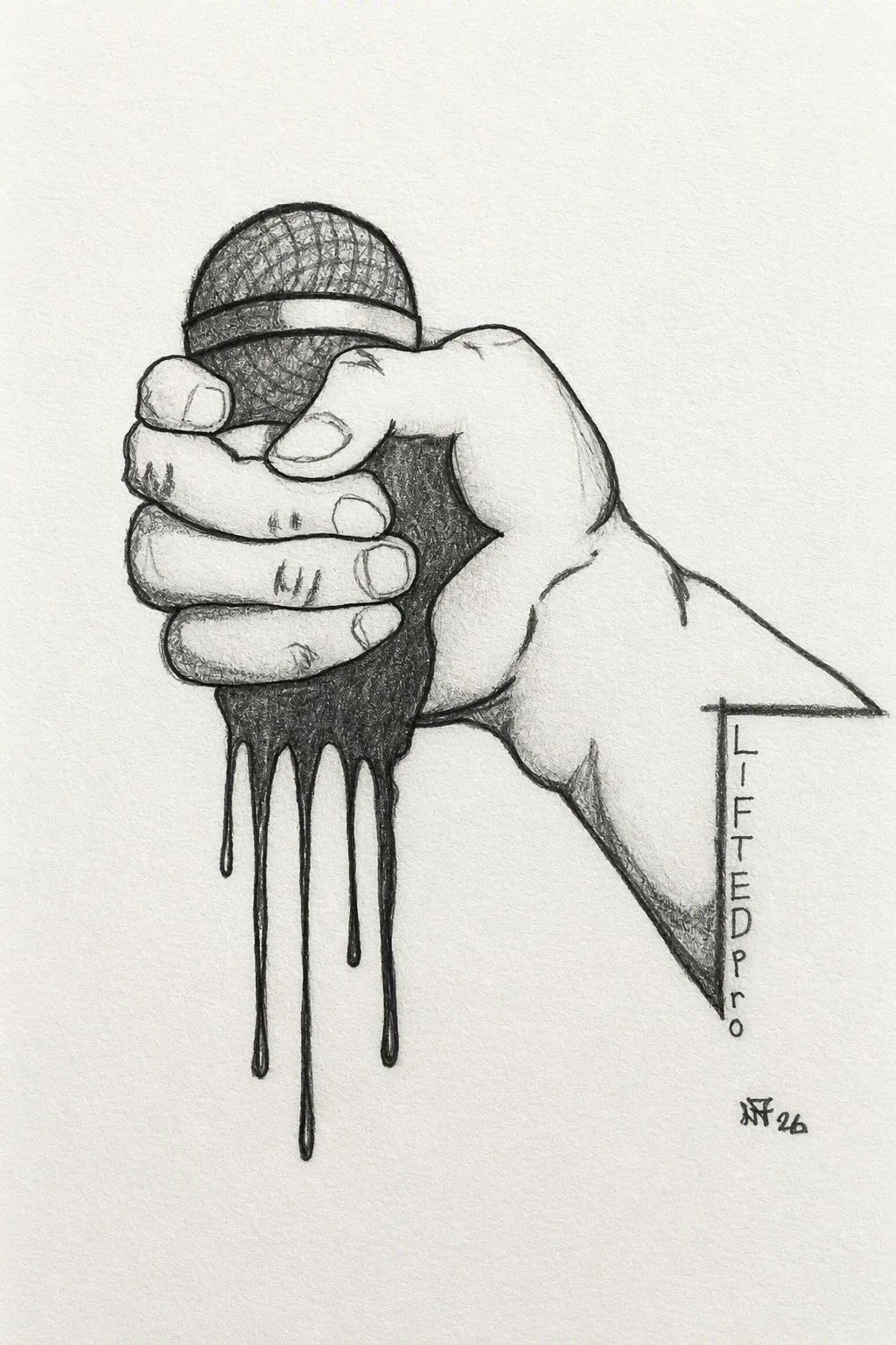 Drawing of a hand crushing a microphone with ink dripping from the grip, signed LIFTED pro
