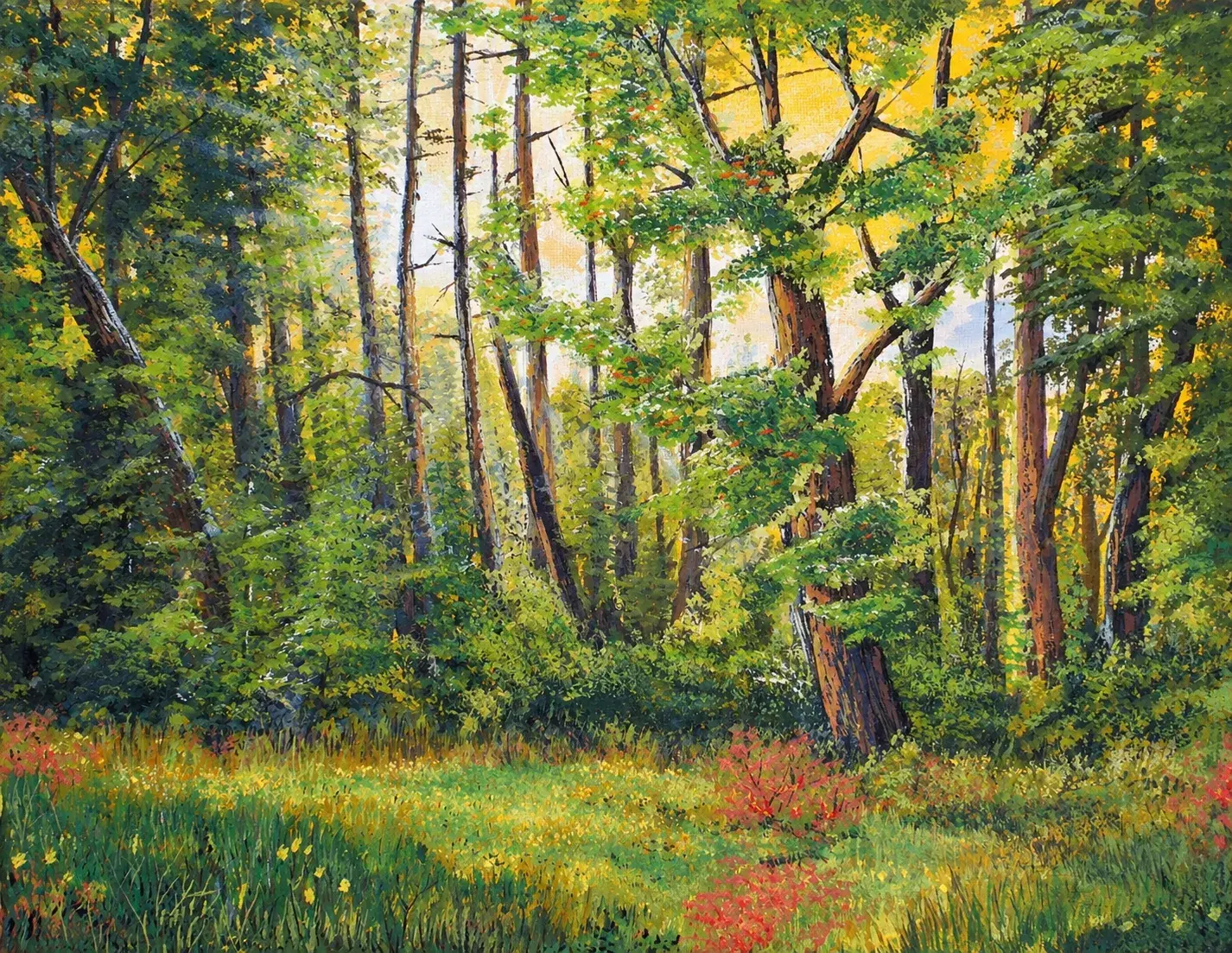Acrylic painting of a sunlit forest meadow with tall trees, yellow light and red wildflowers