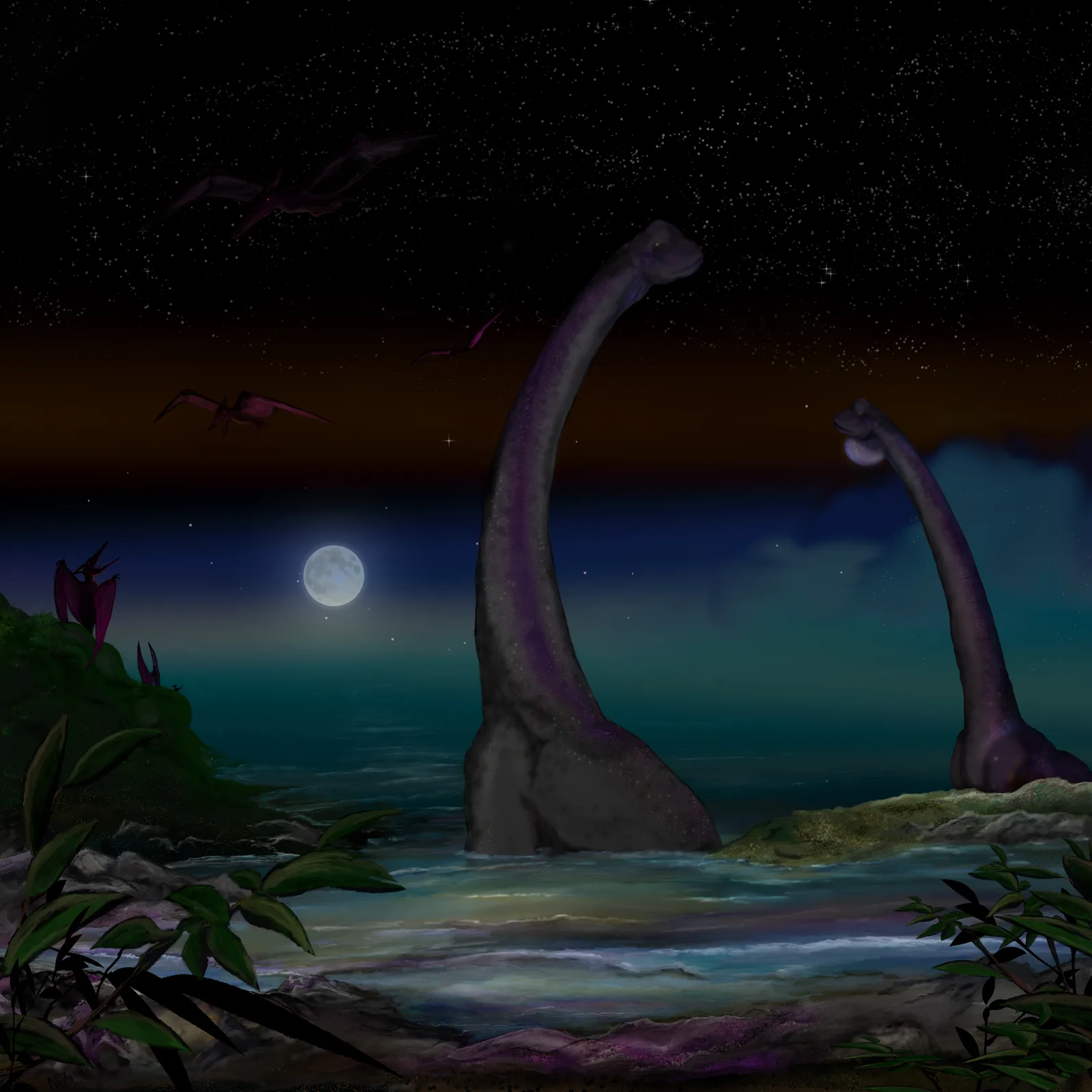 Digital painting of two sauropods wading in a moonlit lagoon under a starry sky