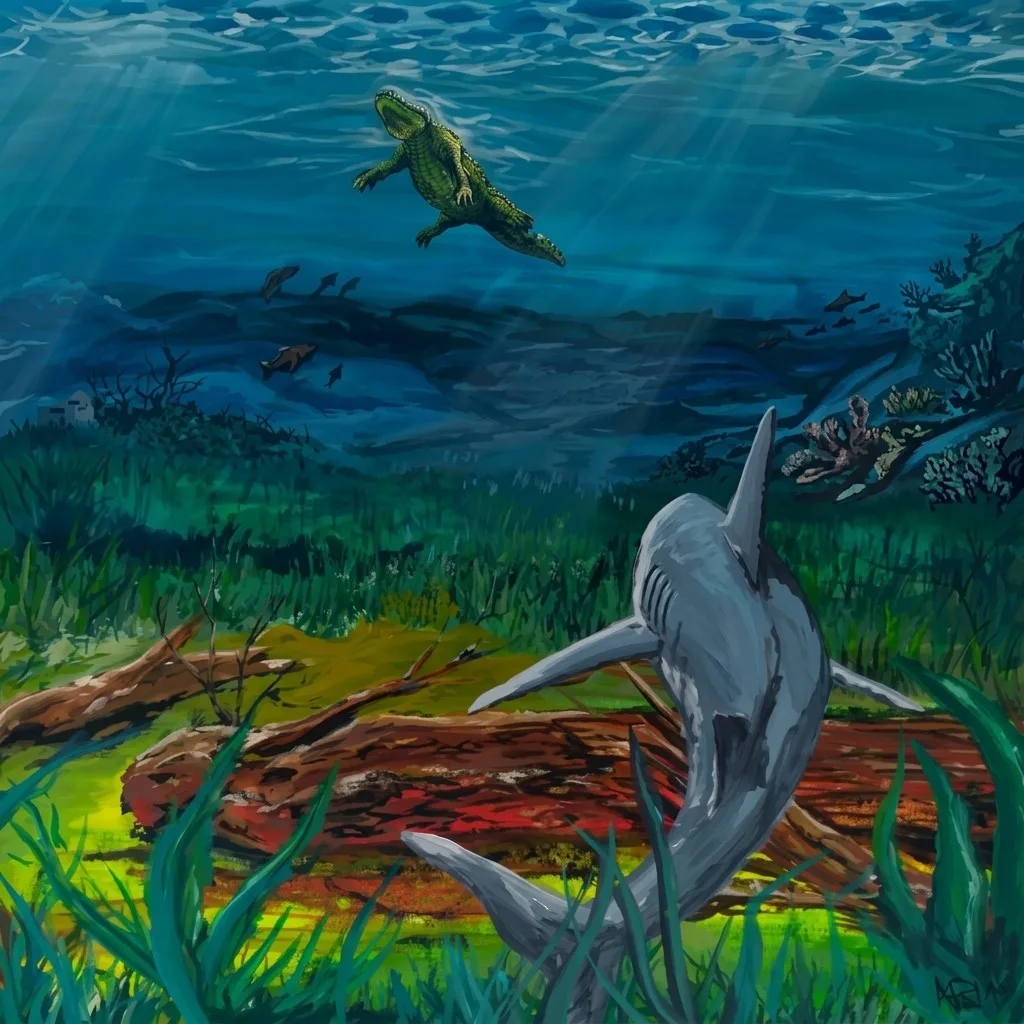 Acrylic painting of a shark circling a sunken log while a crocodile swims above through shafts of light