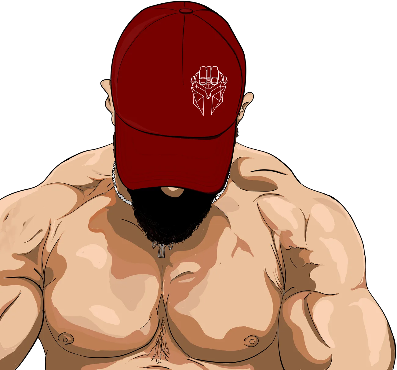 Illustrated figure in a red cap with head lowered, mask mark on the crown