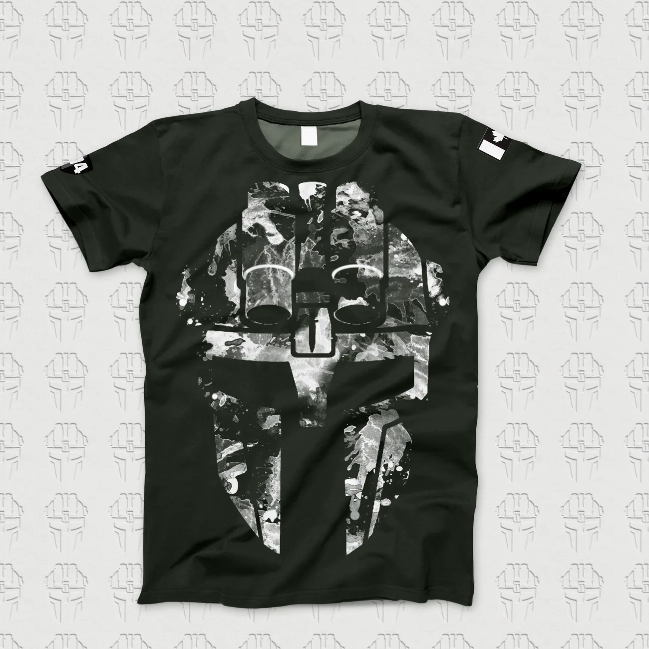 Charcoal t-shirt printed with a large white splatter-textured mask