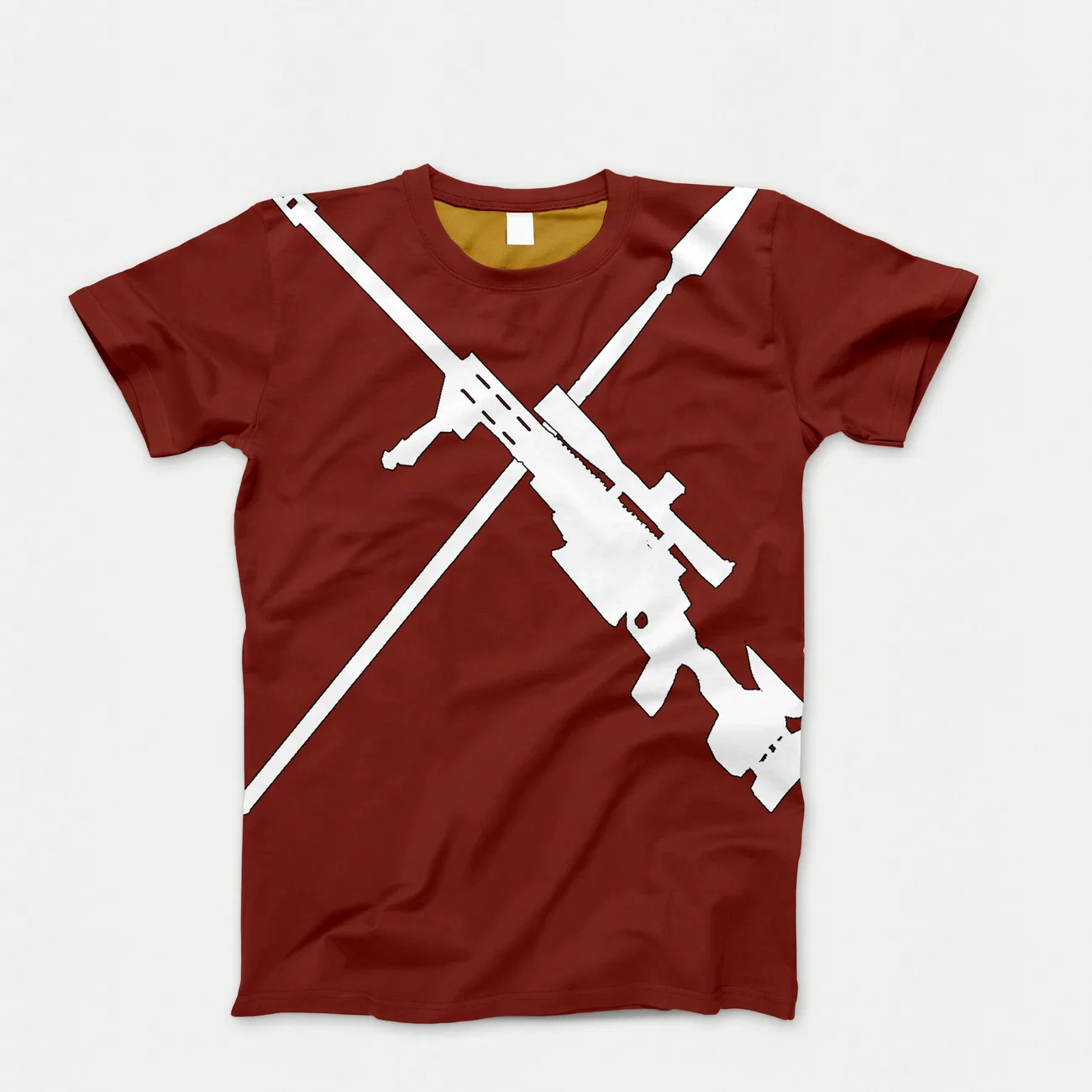 Deep red t-shirt printed with a white crossed spear and rifle running diagonally