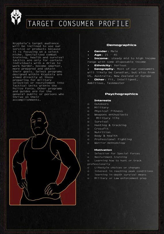 Target consumer profile page: demographics, interests and motivations listed beside a gold outline of a soldier