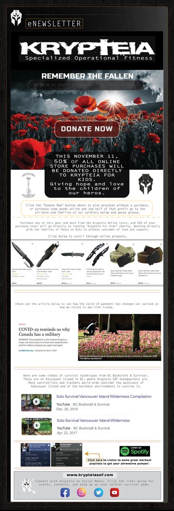 Full-length email newsletter headed Remember the Fallen: the Krypteia wordmark over a field of poppies, a donate button, products, an article and video links