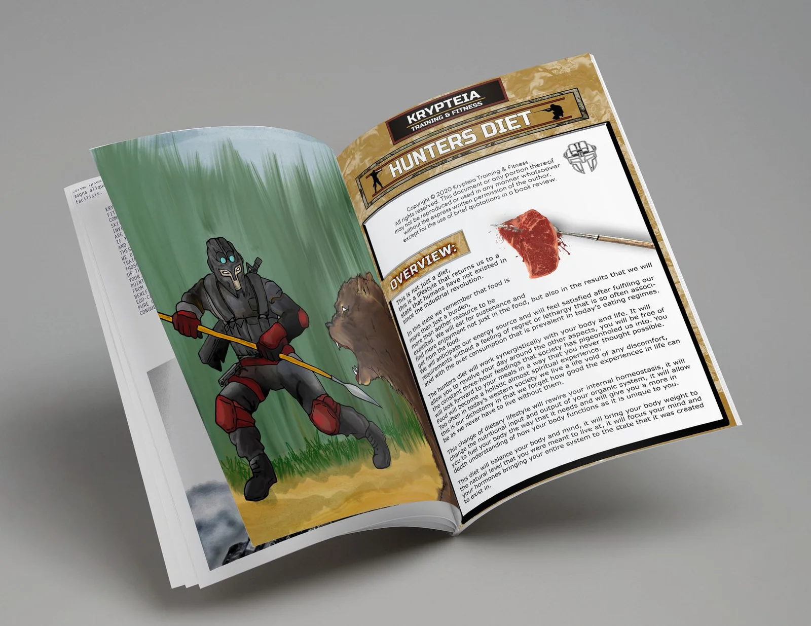 The Hunters Diet booklet lying open: the masked warrior with a spear facing a bear on the left page, an overview of the diet on the right