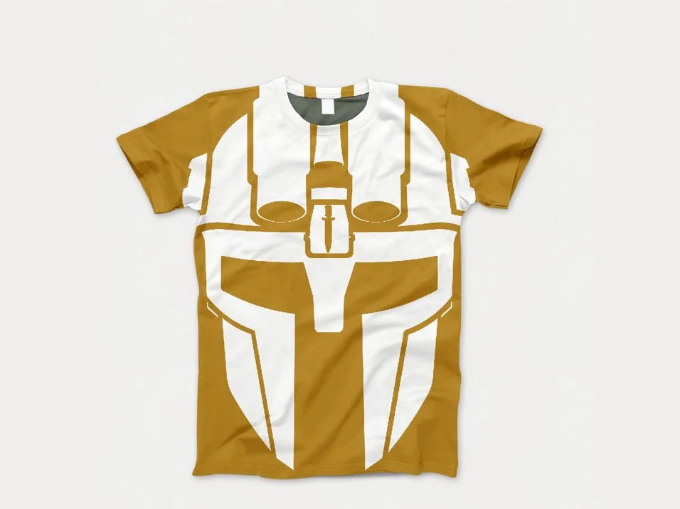 Gold t-shirt printed edge to edge with an oversized white outline of the mask