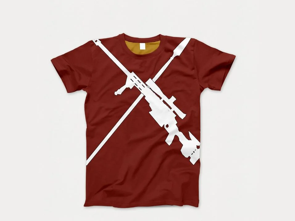 Crimson t-shirt printed with a white spear and sniper rifle crossed diagonally