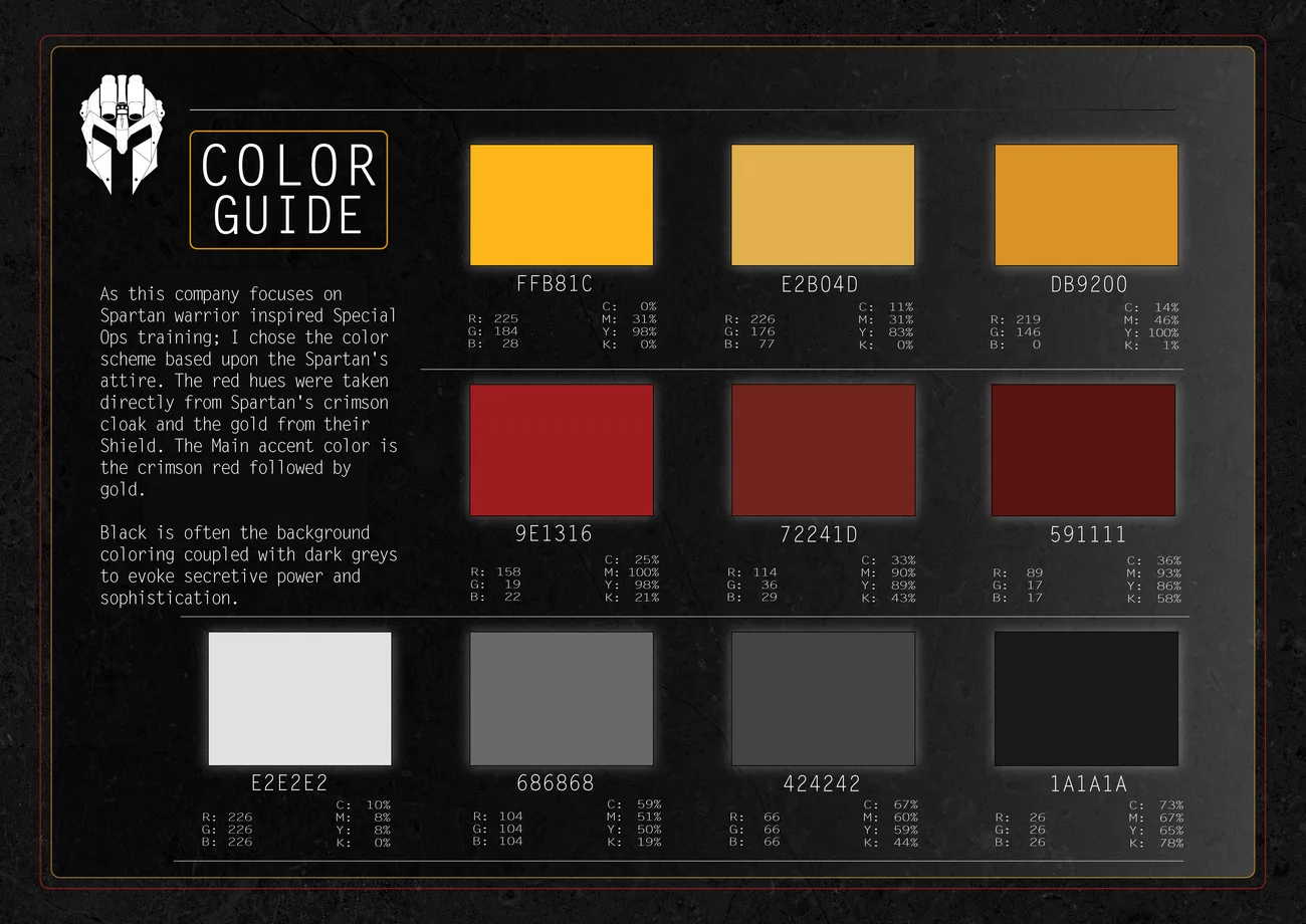 Colour guide page showing gold, deep red and grey swatches with hex values on a black ground